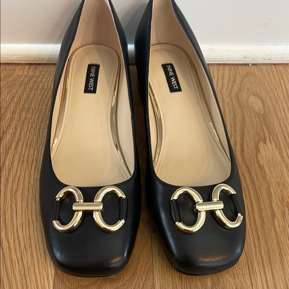 Nine West Black Flats with Gold Embellishment and Square Toe